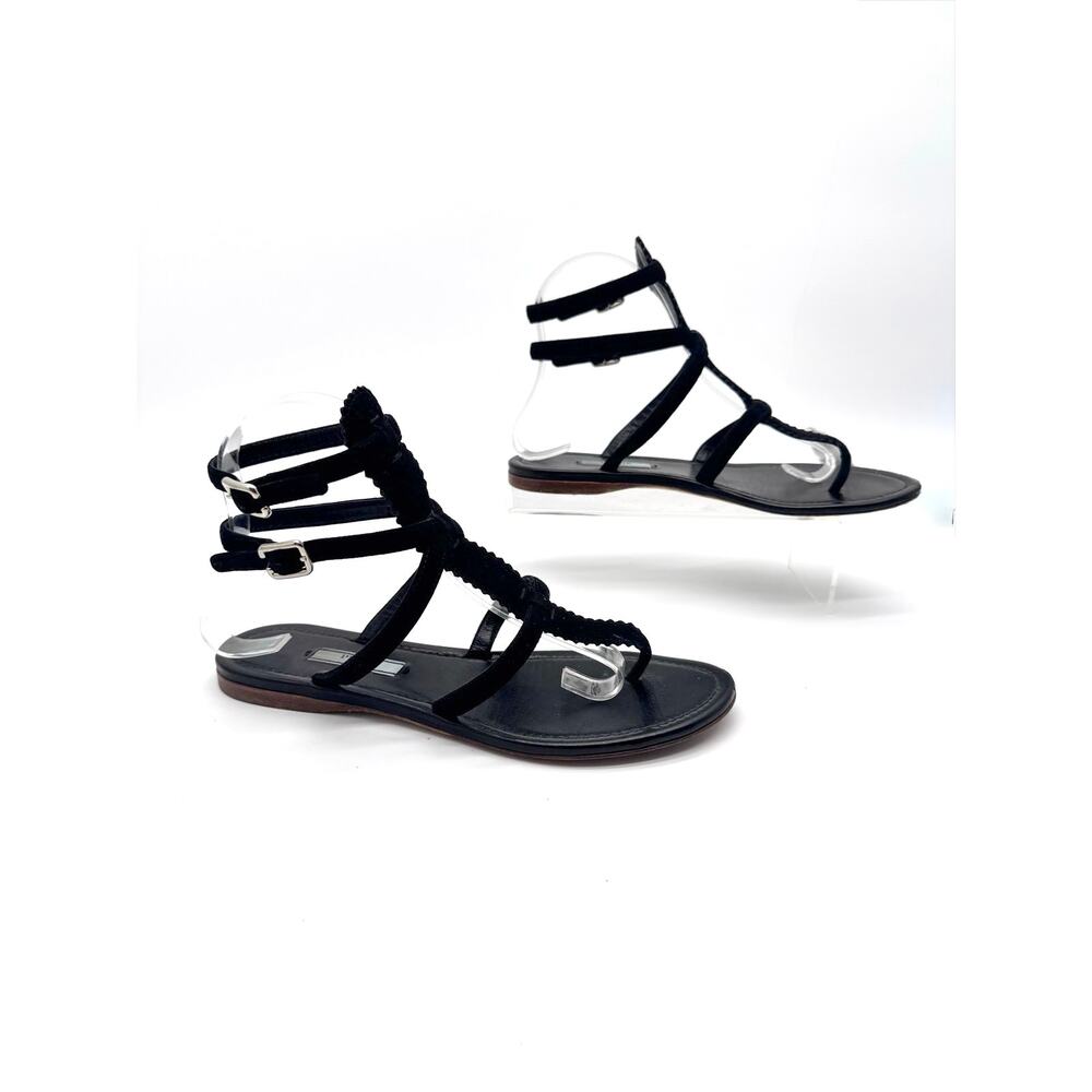 Prada Black Leather T Strap Flat Sandals Ruffled Trim Ankle Buckle EU 38 - Picture 11 of 12